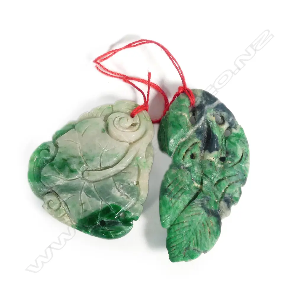 2 CHINESE CARVED JADEITE PENDANTS FISH & FLOWER Image 1++