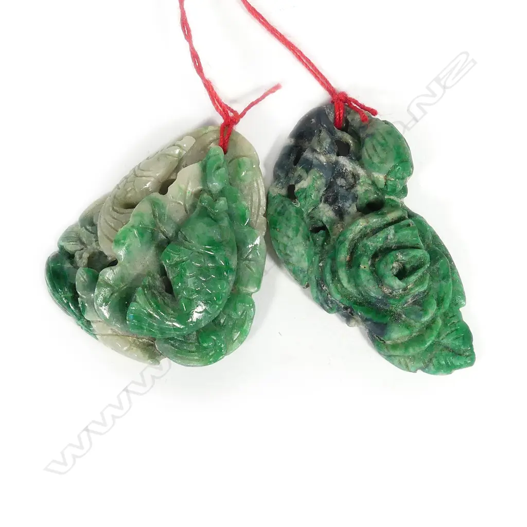 2 CHINESE CARVED JADEITE PENDANTS FISH & FLOWER Image 1++
