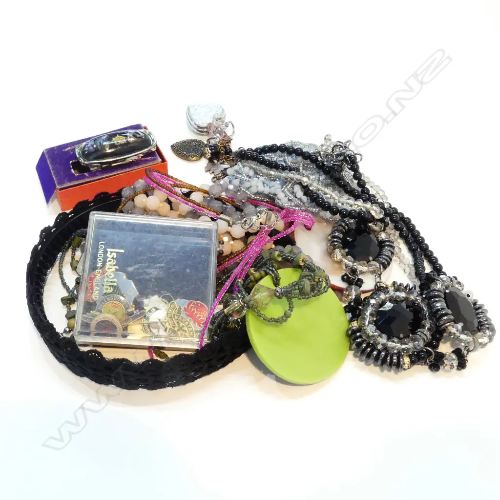 BOX ASST NECKLACES, BOWLING BADGES, HAIR BAND Image 1++