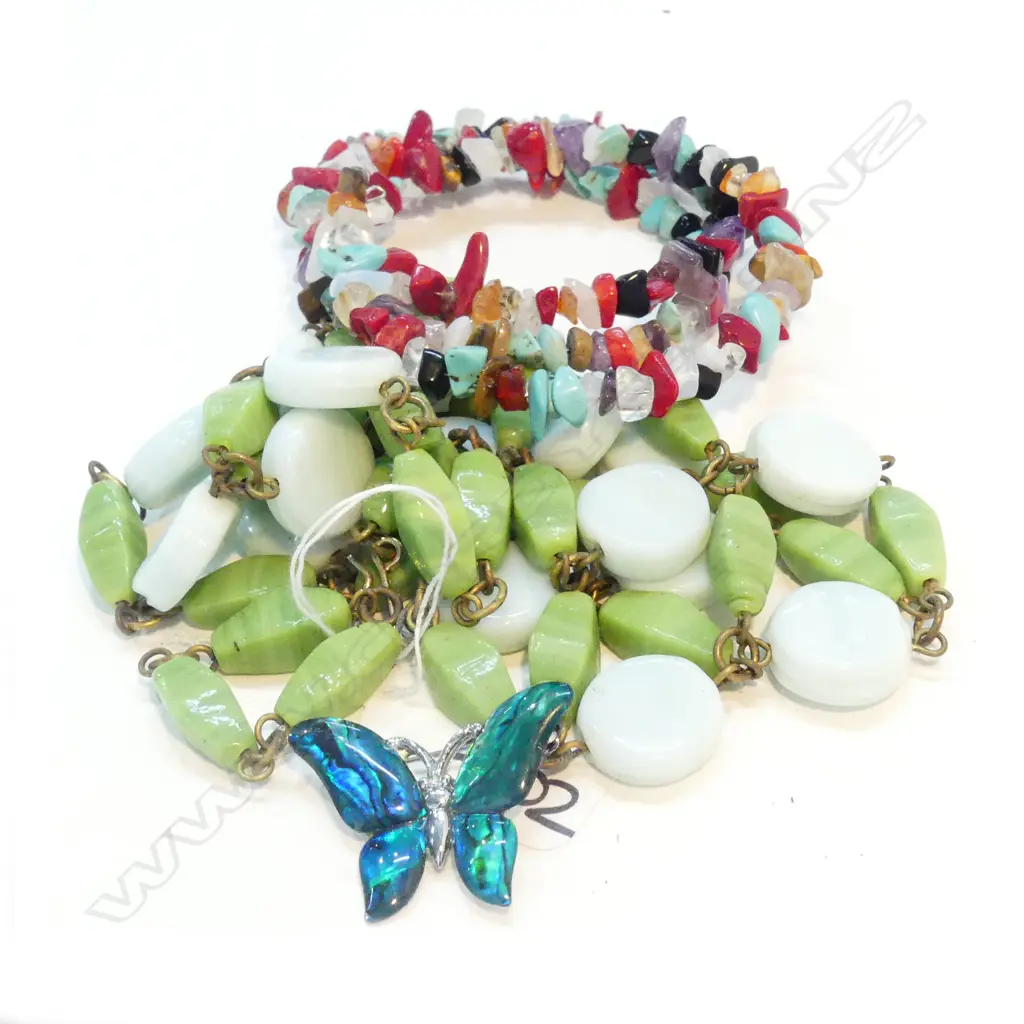 PAUA BUTTERFLY BROOCH, 2 NECKLACES Image 1++