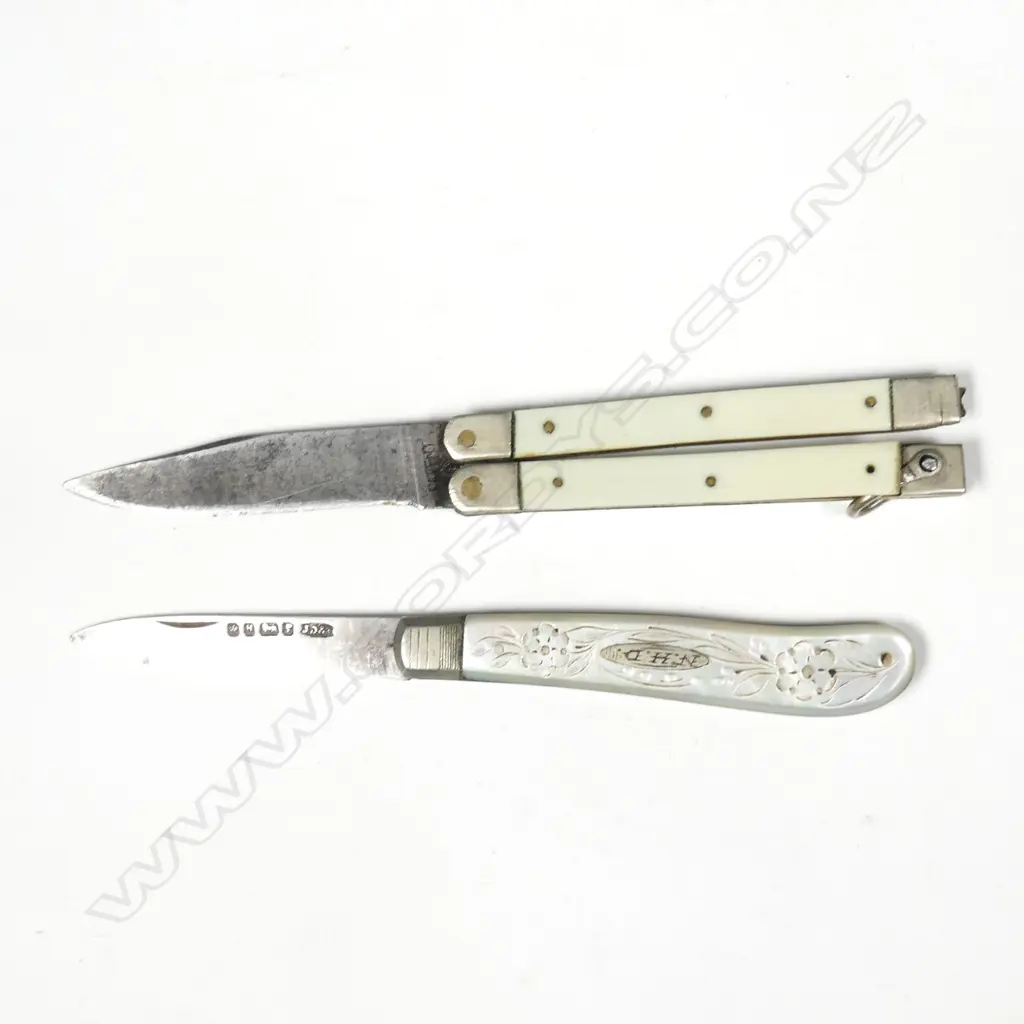 2 ANTIQUE MOP & S/SILVER FRUIT KNIVES, HALLMARKED Image 1++