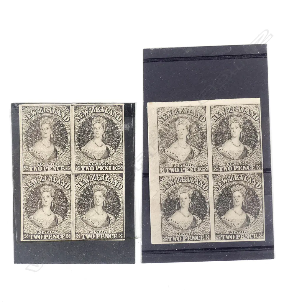2 NZ BLOCKS OF 4 2D BLACK FULL FACE QUEENS IMPERF Image 1++