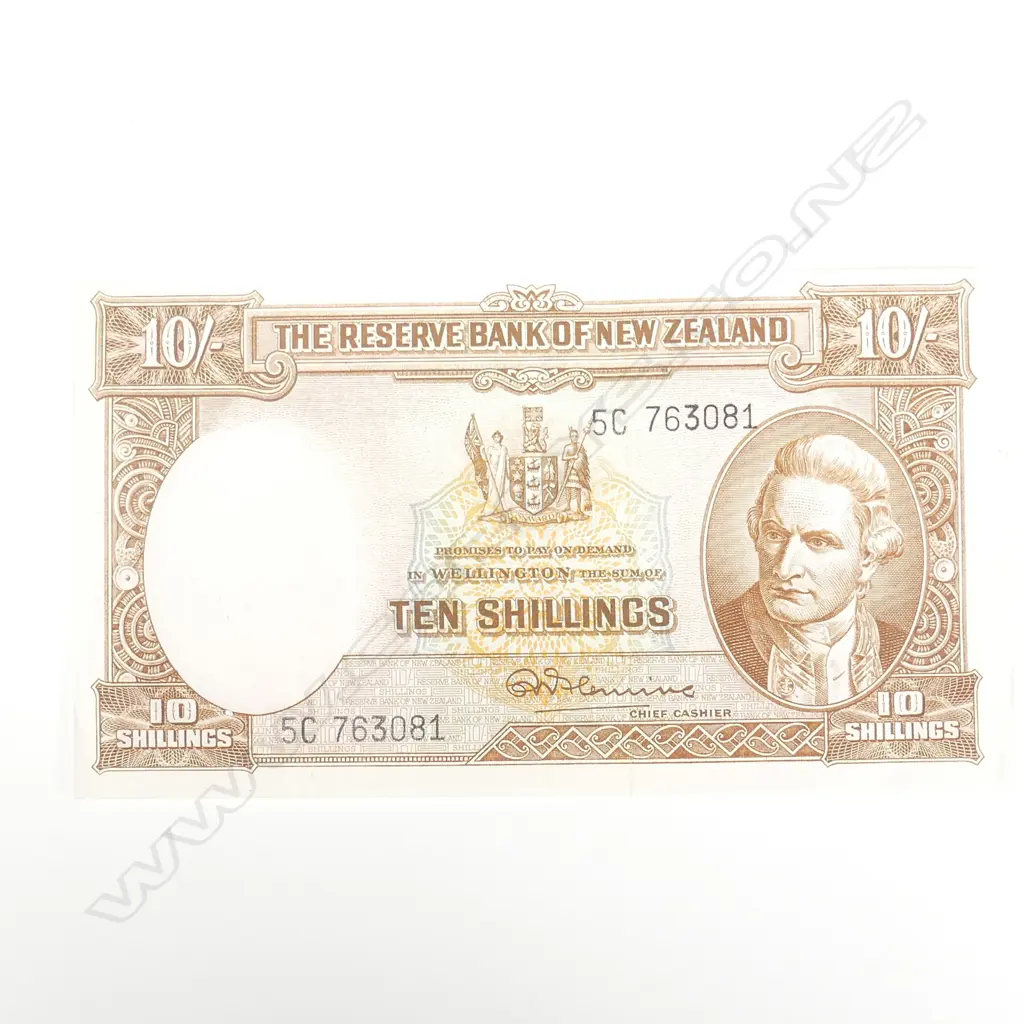 1 N.Z TEN SHILLING B/NOTE R.N. FLEMMING SERIAL NO 5C 763081 Image 1++