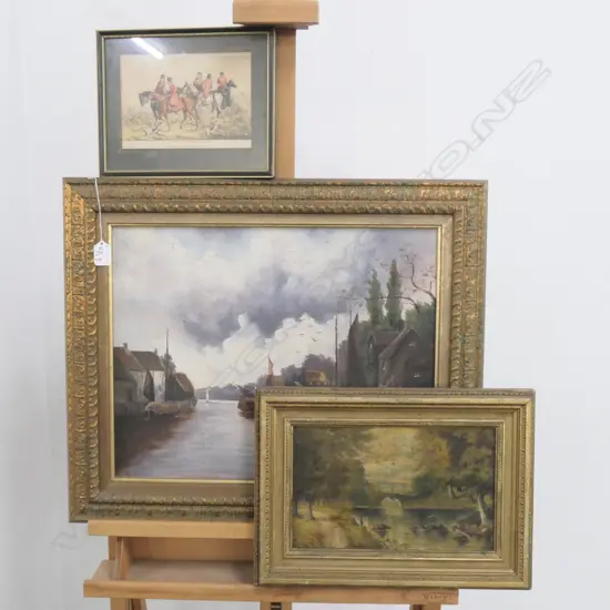 GILT FRAMED RIVER SCENE OIL 390 X 485 + 2 OTHERS 