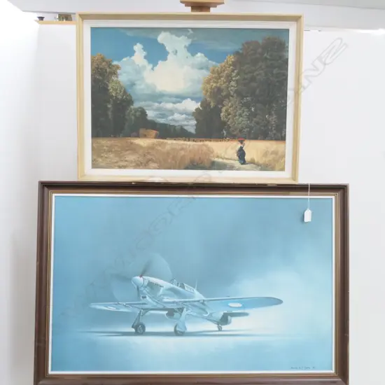 VINTAGE PRINT OF A SPITFIRE BY B.A.F CLARK +LANDSCAPE PRINT 880 X 580 MM