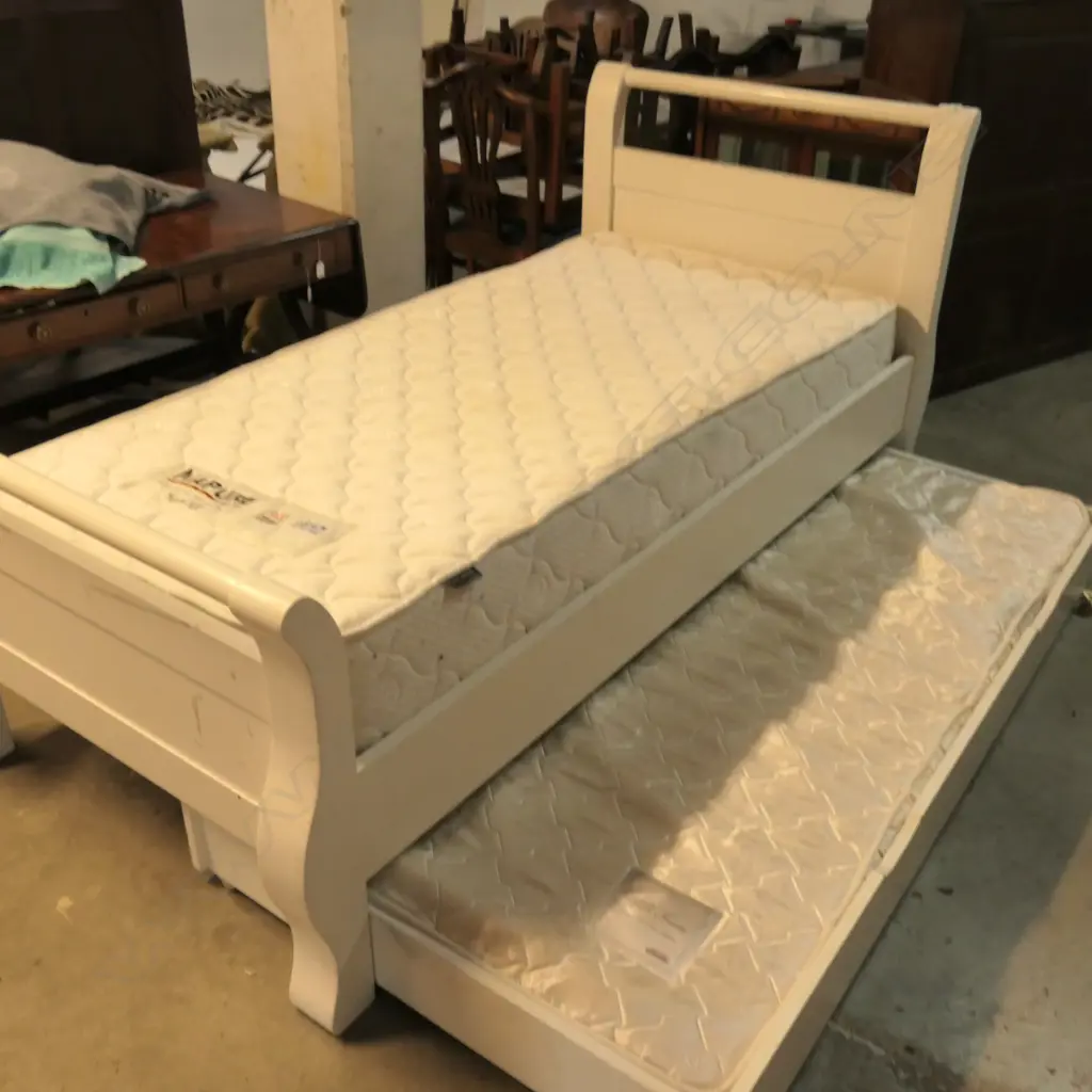 SINGLE SLEIGH BED AND TRUNDLE BED WITH MATTRESSES  Image 1++