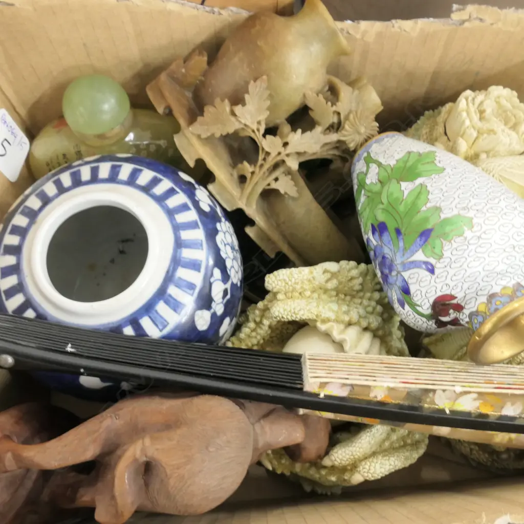 BOX LOT DRAGONS, SOAPSTONE ITEMS, FAN, GINGER JAR ETC Image 1++