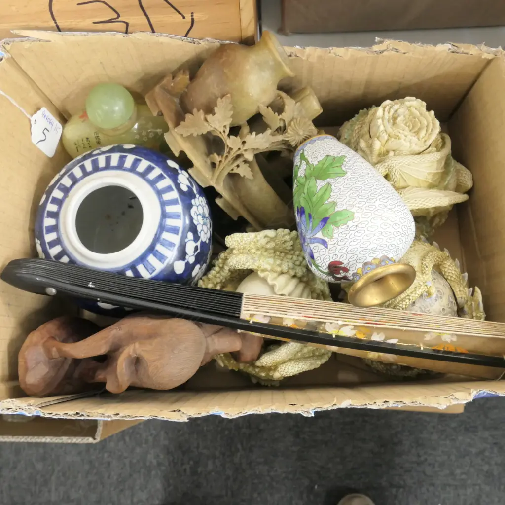 BOX LOT DRAGONS, SOAPSTONE ITEMS, FAN, GINGER JAR ETC Image 1++