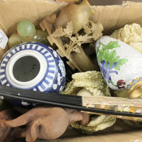 BOX LOT DRAGONS, SOAPSTONE ITEMS, FAN, GINGER JAR ETC