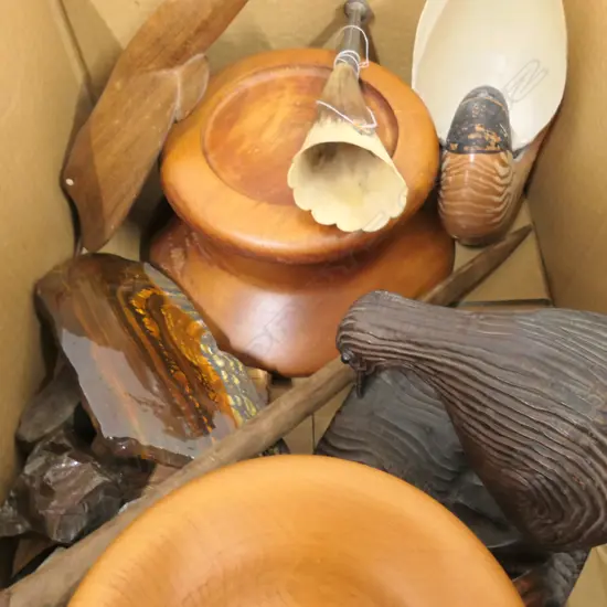 LOT WOODEN PEDESTALS / KIWI/RAY SHELLS PONAMU ETC