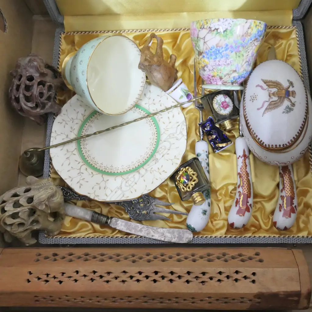 BOX LOT ASST. CHINA, CUTLERY, ELEPHANTS, ETC Image 1++