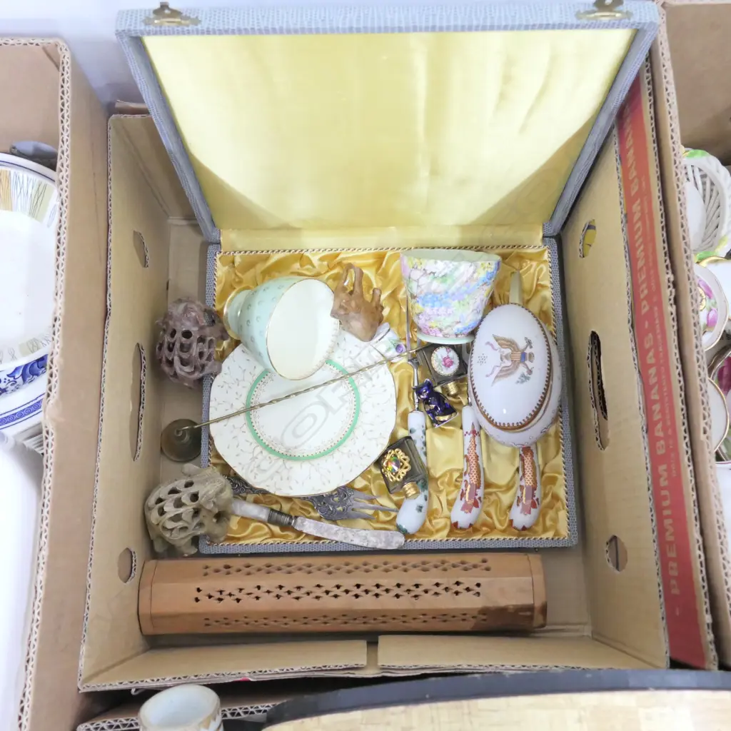 BOX LOT ASST. CHINA, CUTLERY, ELEPHANTS, ETC Image 1++