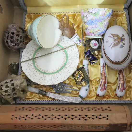 BOX LOT ASST. CHINA, CUTLERY, ELEPHANTS, ETC