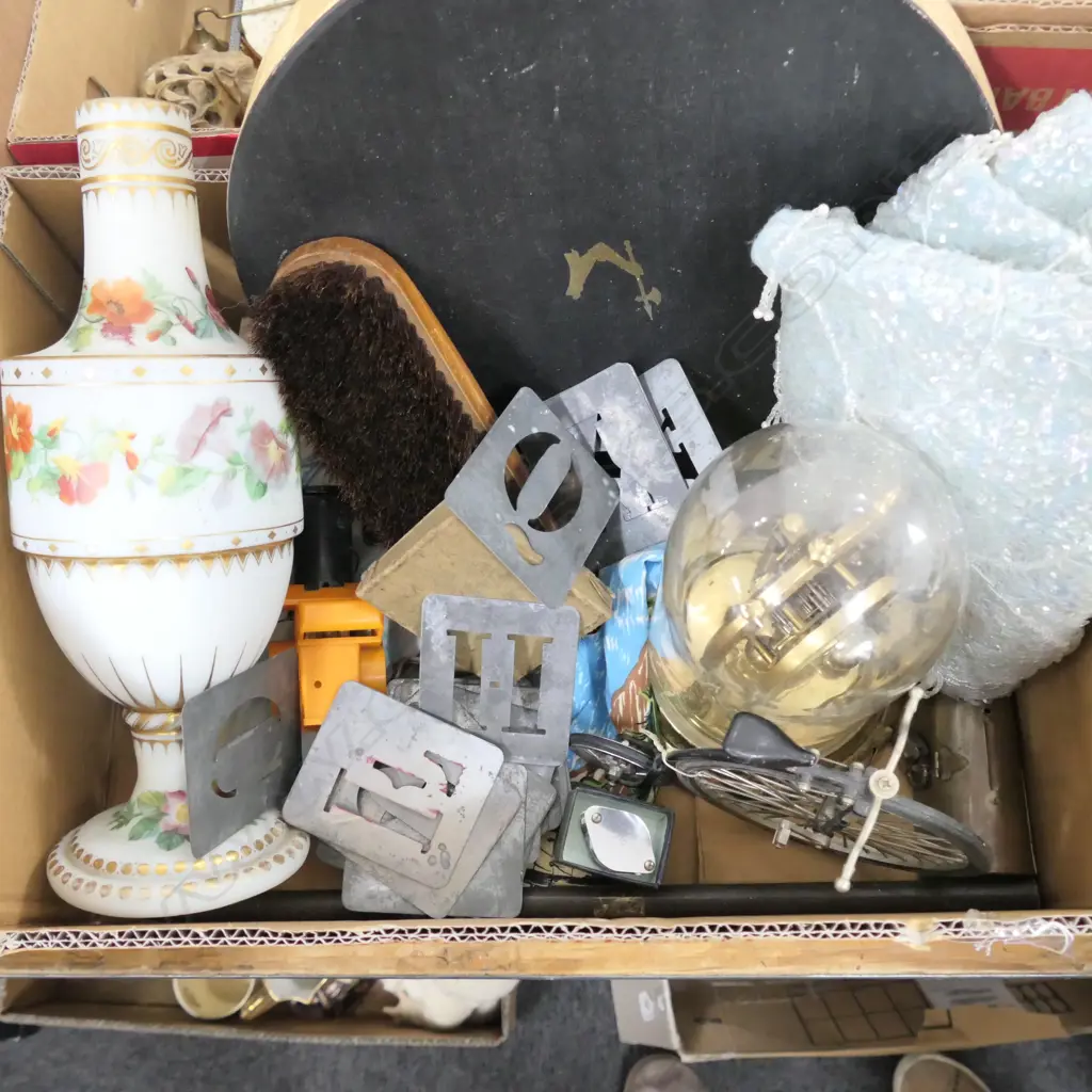 LOT MILK GLASS/CLOCK/ BEADED TOP/ WHISKEY BTLS/MONEY BOX/ THERMOMETER ETC Image 1++