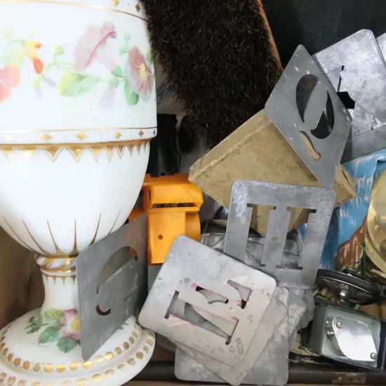 LOT MILK GLASS/CLOCK/ BEADED TOP/ WHISKEY BTLS/MONEY BOX/ THERMOMETER ETC