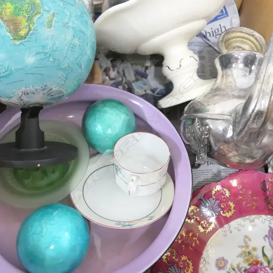 BOX LOT INCL. GLOBE, TEAPOTS, COMPORT, BOWL, FLASK ETC