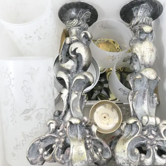 LOT ASST CANDLESTICKS/HURRICANE LAMPS ETC 