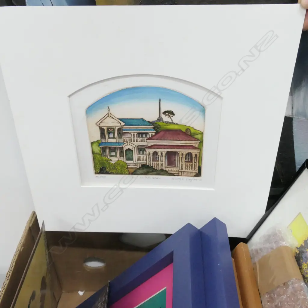 BOX OF PICTURES INCLUDING MARY E TAYLOR ETCHING Image 1++