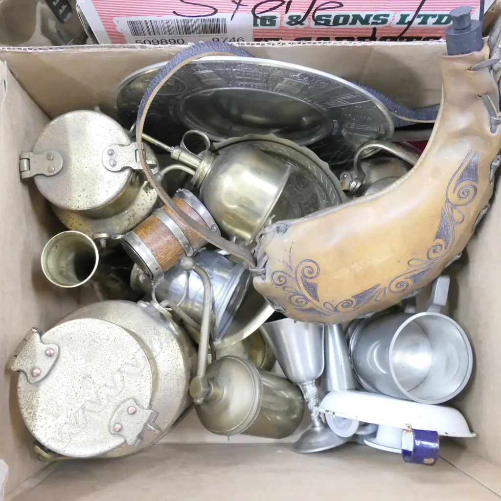 BOX LOT ASST BRASS, PEWTER AND STAINLESS STEEL Image 1++