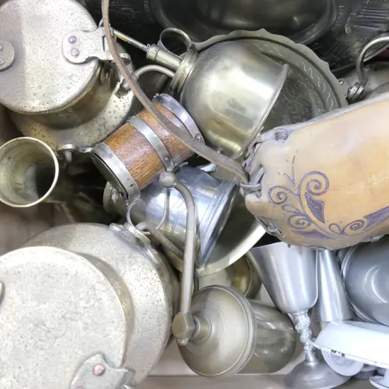 BOX LOT ASST BRASS, PEWTER AND STAINLESS STEEL