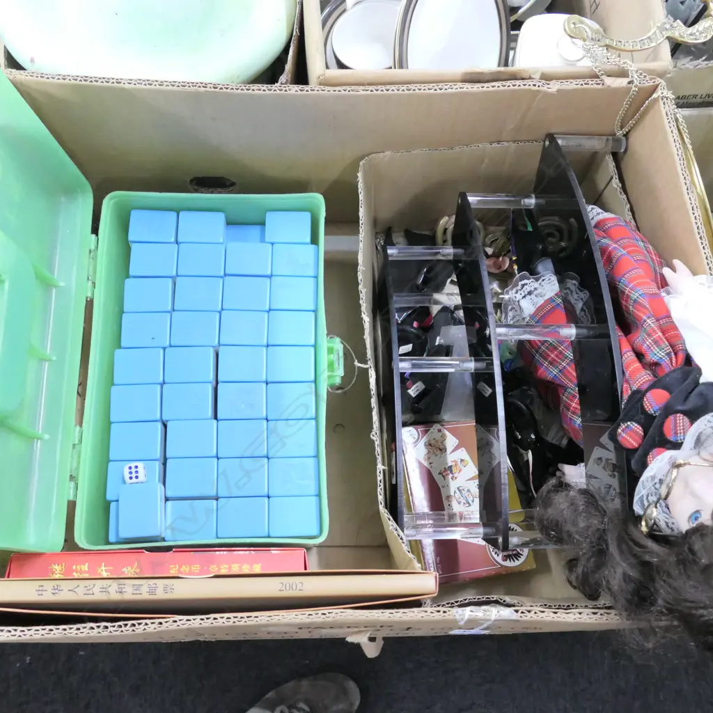 BOX LOT 3 BISQUE DOLLS, MAH JONG SET, STAMPS, COINS ETC Image 1++