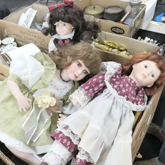 BOX LOT 3 BISQUE DOLLS, MAH JONG SET, STAMPS, COINS ETC