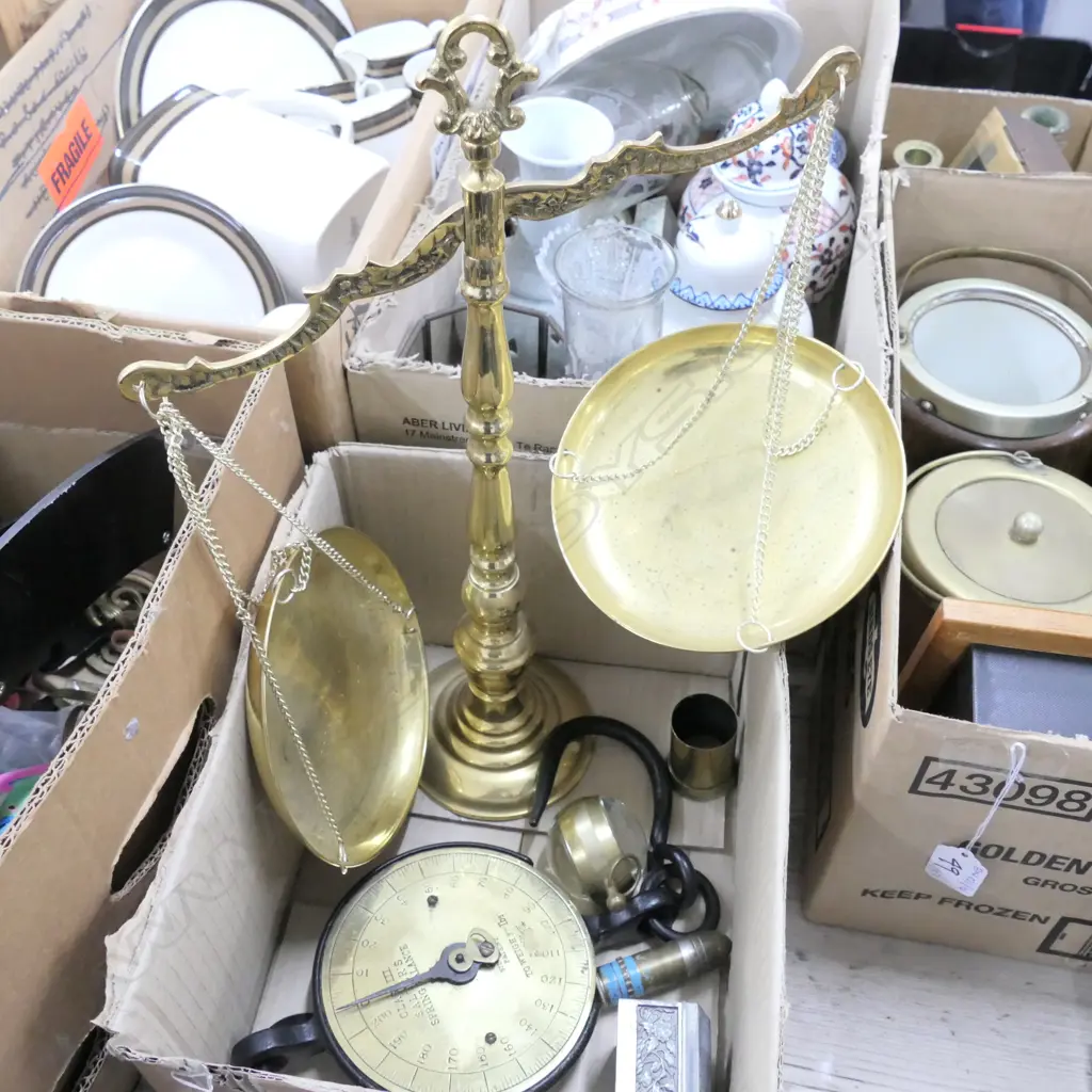 BOX LOT BRONZE SCALES, VINTAGE SALTER SPRING BALANCE, PEWTER BOX, DECORATIVE PAPER WEIGHTS ETC Image 1++
