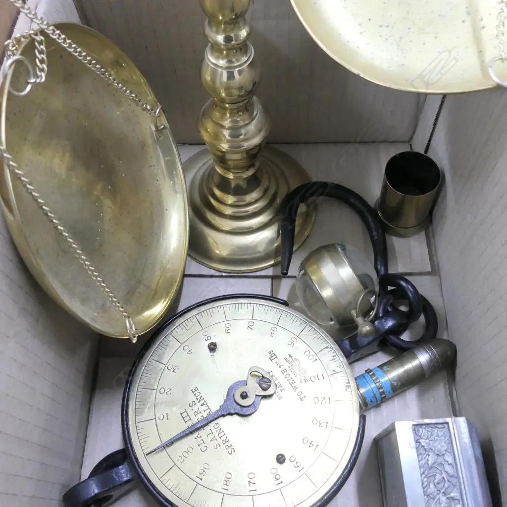 BOX LOT BRONZE SCALES, VINTAGE SALTER SPRING BALANCE, PEWTER BOX, DECORATIVE PAPER WEIGHTS ETC Image 1++