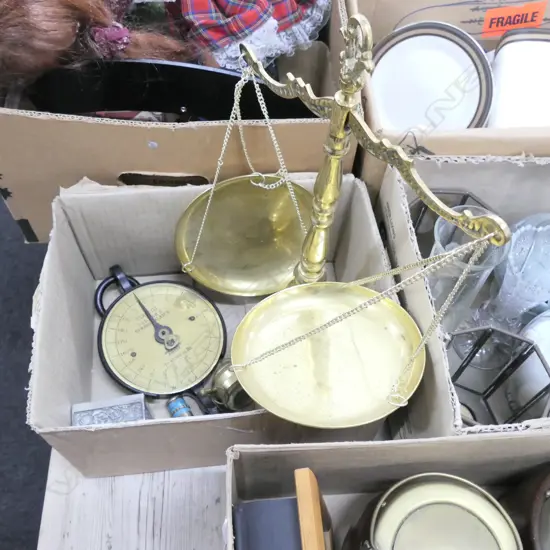 BOX LOT BRONZE SCALES, VINTAGE SALTER SPRING BALANCE, PEWTER BOX, DECORATIVE PAPER WEIGHTS ETC
