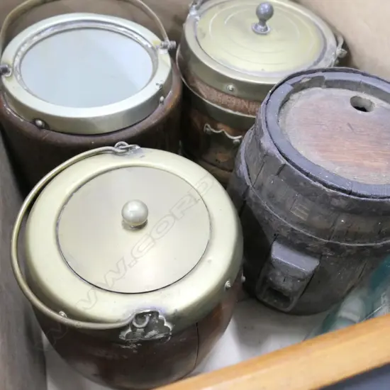 BOX LOT 4 WOODEN BARRELS, GLASS JAR AND FRAME