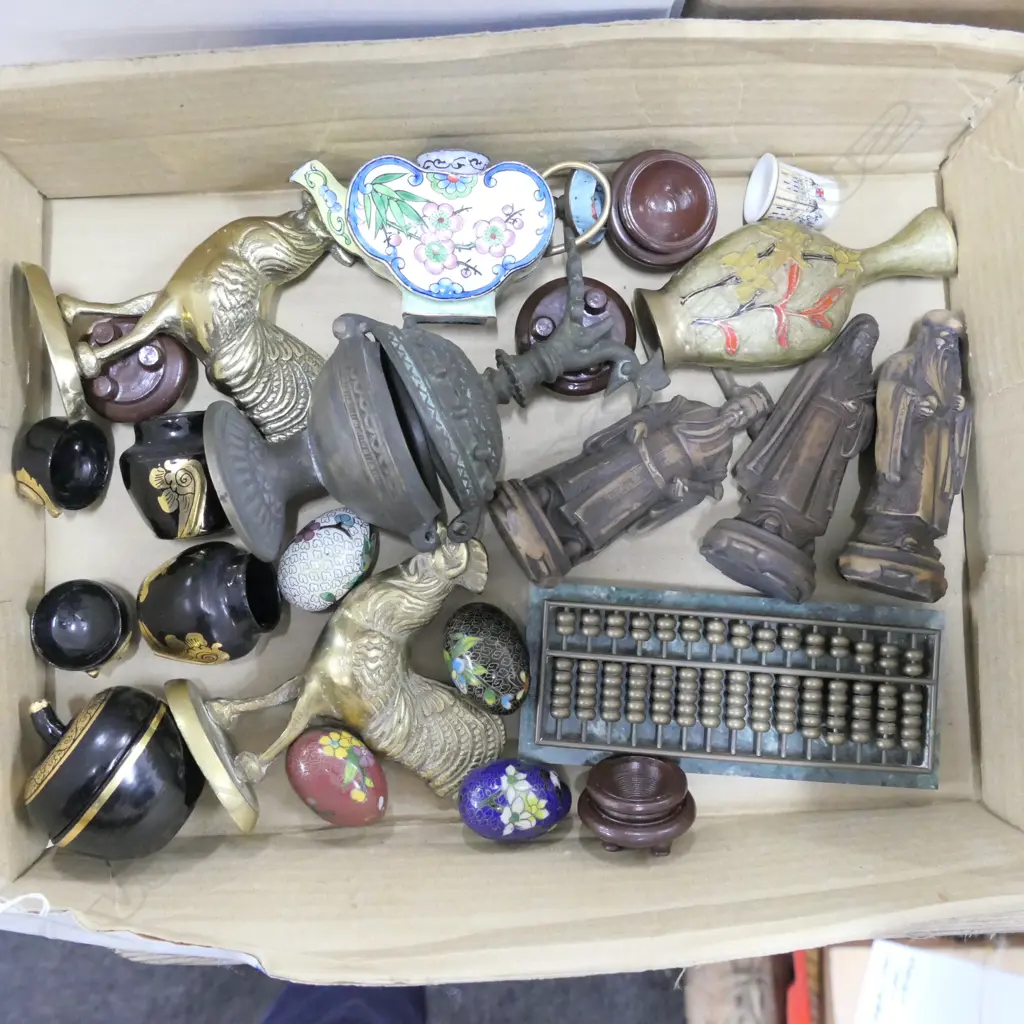 BOX LOT 4 CLOISSONNE EGGS, RESIN CHINESE FIGURES, BRONZE ROOSTERS, ENAMEL TEAPOT, ABACUS ETC Image 1++