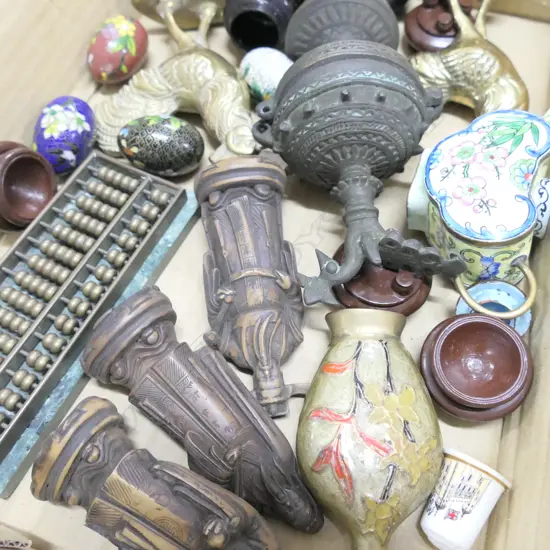 BOX LOT 4 CLOISSONNE EGGS, RESIN CHINESE FIGURES, BRONZE ROOSTERS, ENAMEL TEAPOT, ABACUS ETC