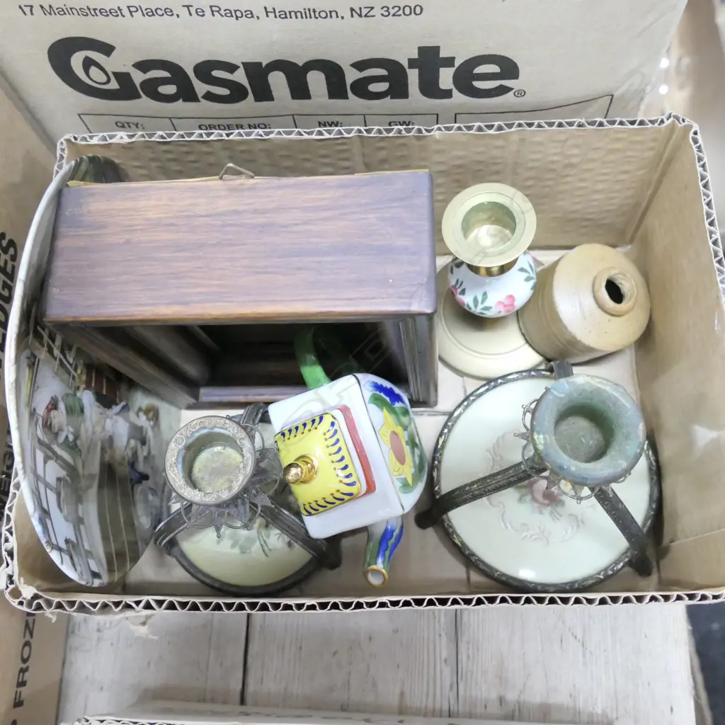 BOX LOT CANDLEHOLDERS, PLATE, PICTURE, TEAPOT ETC Image 1++