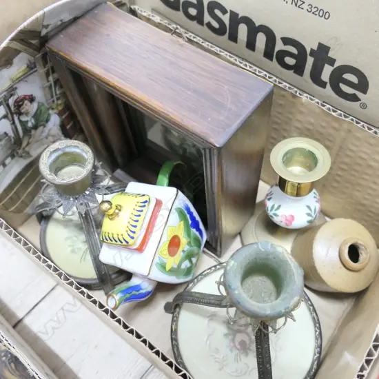 BOX LOT CANDLEHOLDERS, PLATE, PICTURE, TEAPOT ETC
