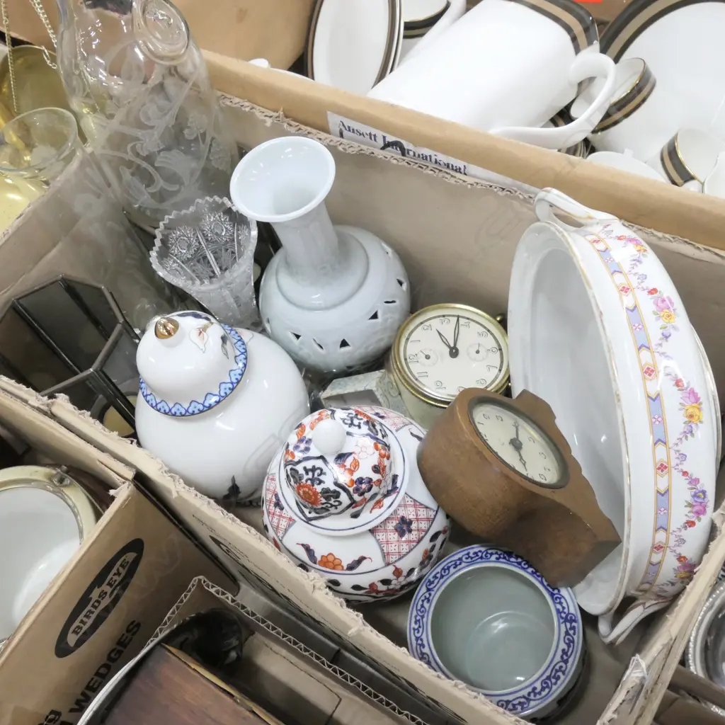 BOX LOT ASST. ASIAN VASES, GLASS VASES, CANDLELIGHTS, 2 CLOCKS ETC Image 1++