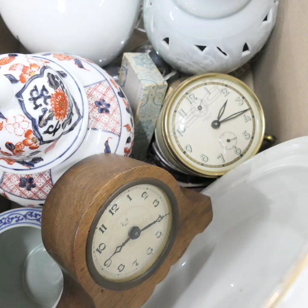 BOX LOT ASST. ASIAN VASES, GLASS VASES, CANDLELIGHTS, 2 CLOCKS ETC Image 1++