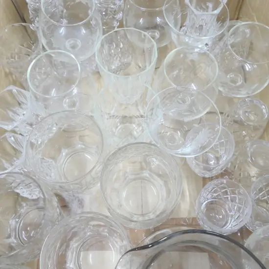 LOT ASST CRYSTAL TUMBLERS/JUGS C/STICKS ETC