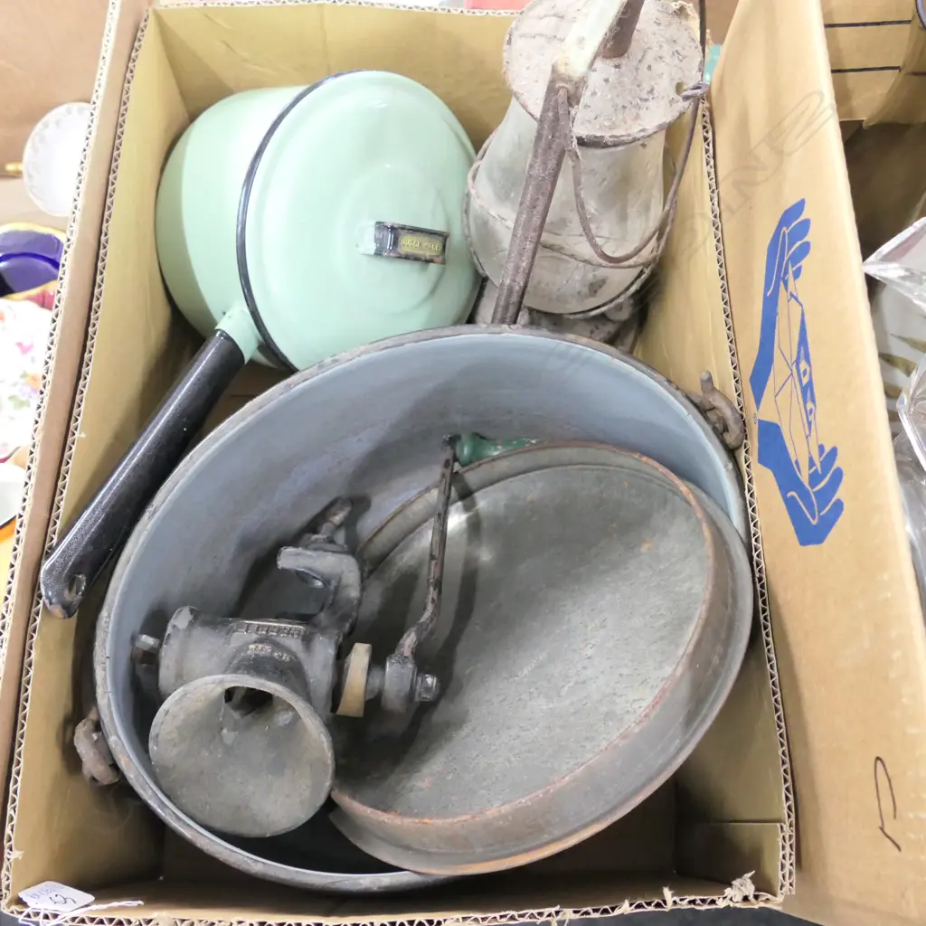 2 ENAMEL SAUCEPANS AND LAMP Image 1++