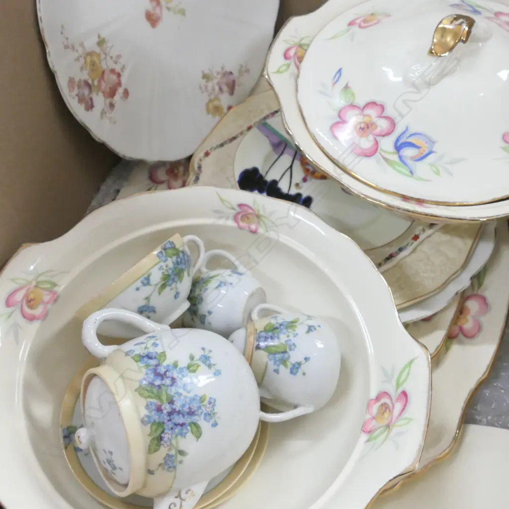 BOX LOT ASST. CHINA INCL. PART CHILDS TEA SET, TWO MEAKIN TUREENS AND TWO MEAKIN PLATTERS Image 1++