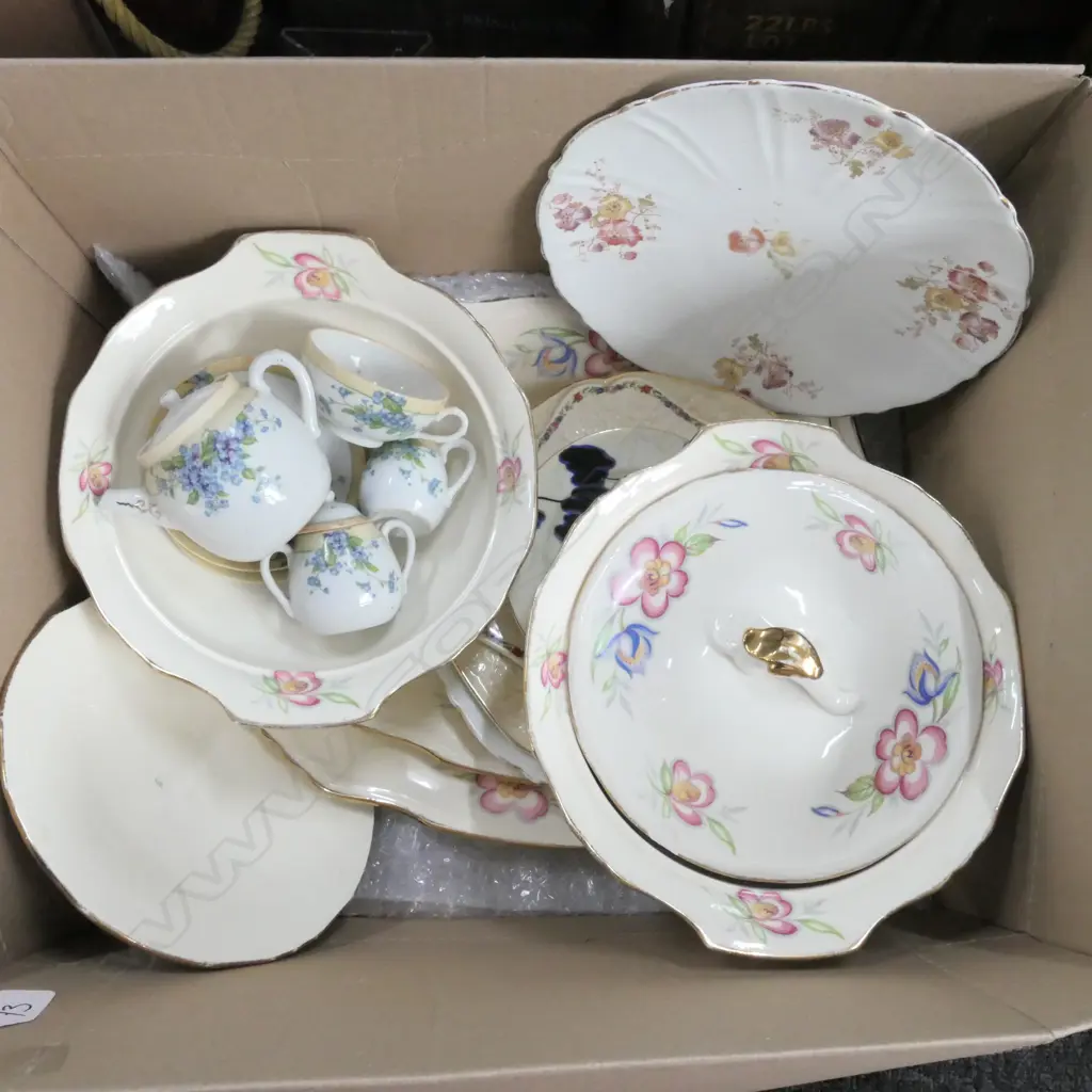 BOX LOT ASST. CHINA INCL. PART CHILDS TEA SET, TWO MEAKIN TUREENS AND TWO MEAKIN PLATTERS Image 1++