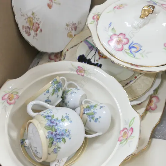 BOX LOT ASST. CHINA INCL. PART CHILDS TEA SET, TWO MEAKIN TUREENS AND TWO MEAKIN PLATTERS