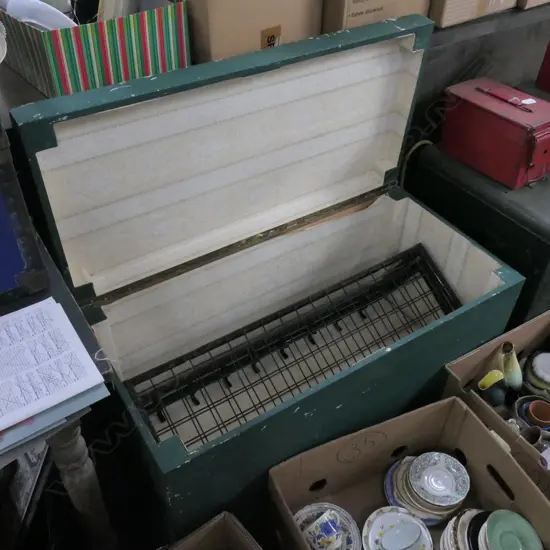 LARGE GREEN WOODEN TRUNK + VINTAGE METAL LUGGAGE RACKS