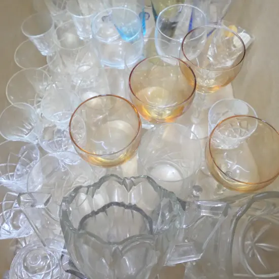 LOT ASST CRYSTAL + PRESSED GLASS ETC