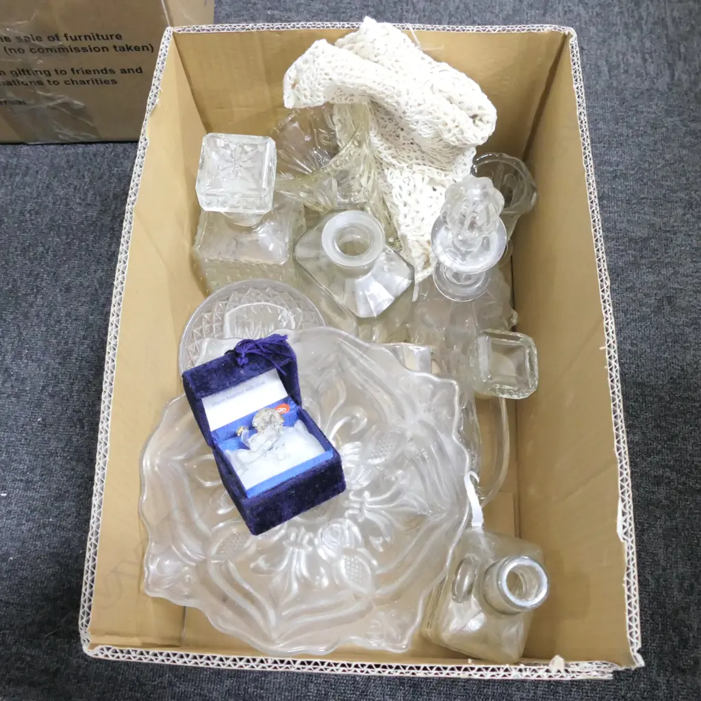 LOT ASST PRESSED GLASS/DECANTERS COMPORT ETC/ Image 1++