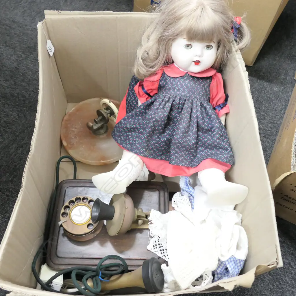 BOX LOT OLD WALL PHONE, DOLL AND CLOTHES, 2 CAMERAS, NUTCRACKER ETC Image 1++