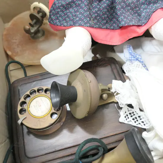 BOX LOT OLD WALL PHONE, DOLL AND CLOTHES, 2 CAMERAS, NUTCRACKER ETC