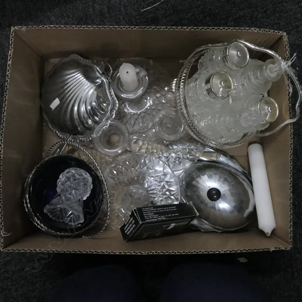 BOX S/PLATE  CRYSTAL & GLASS CANDLESTICKS CRUET ETC Image 1++