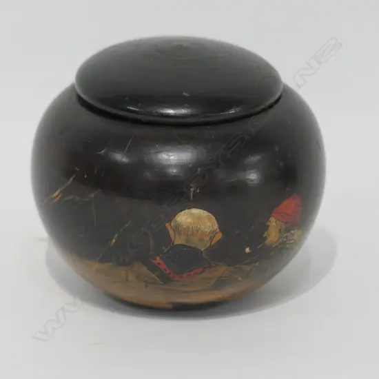 SMALL TURNED WOODEN LIDDED BOX PAINTED DECORATION H 80 MM 
