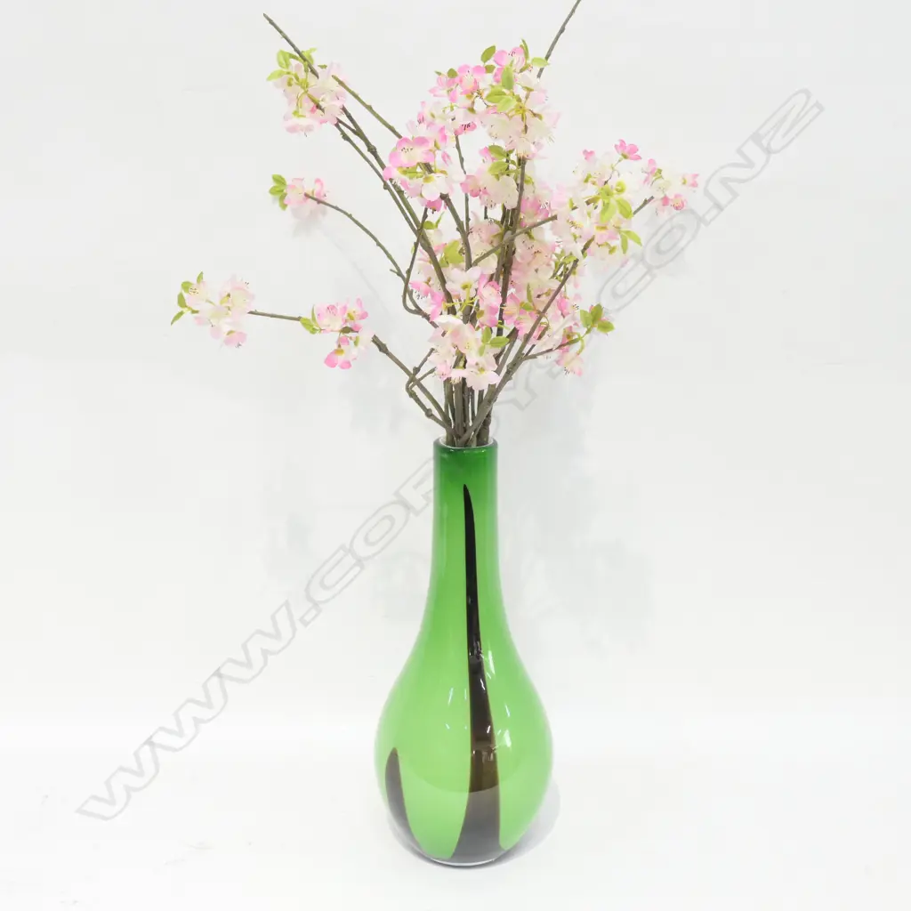 GREEN ART GLASS VASE AND 400MM H AND CHERRY BLOSSOMS Image 1++