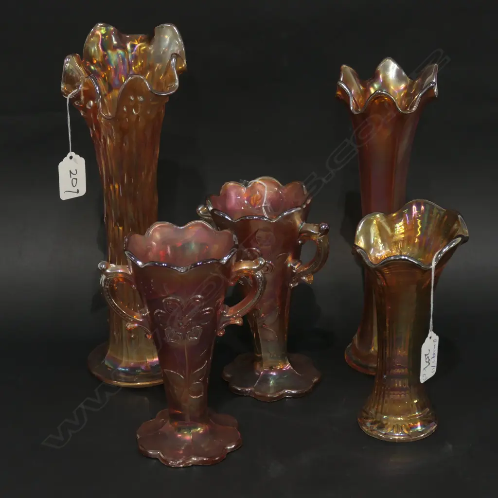 5 ASST CARNIVAL GLASS VASES H 280 MM Image 1++